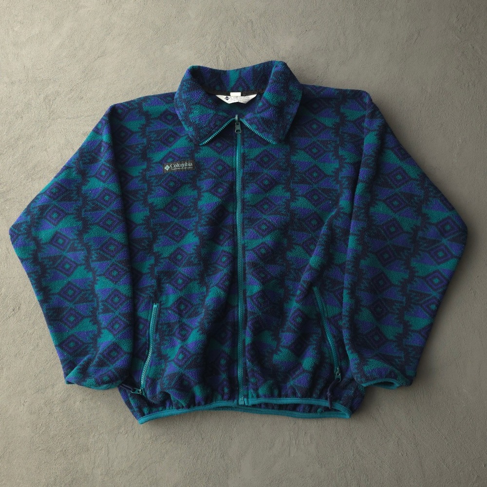 Vintage 90s Columbia Teal Purple Aztec Fleece Jacket M Made in USA